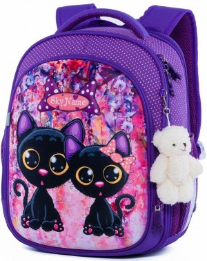 Школьный ранец SkyName R4-405 Котята фиолетовый + мишка 