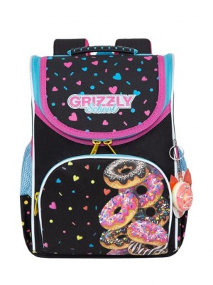 Школьный ранец GRIZZLY mini RAM-184-10 Пончики, черный + мешок для обуви 
